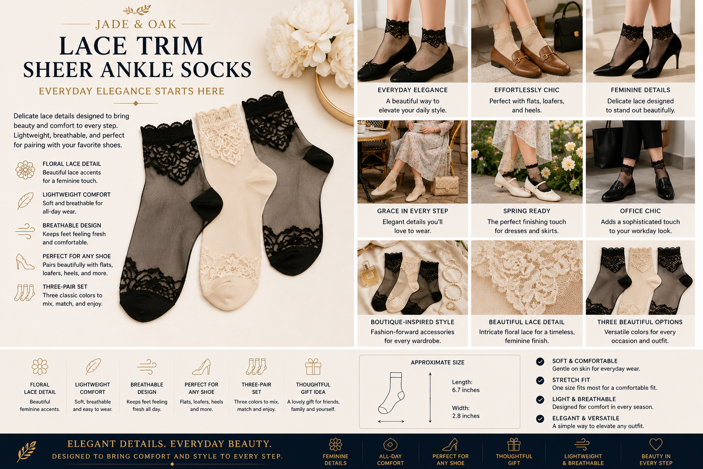 Lace Trim Sheer Ankle Socks – Set of 3
