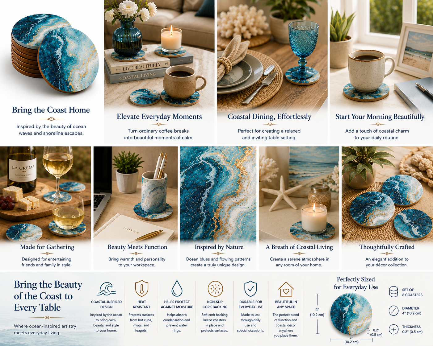 Ocean Marble Artisan Coaster Set (6 Pieces)