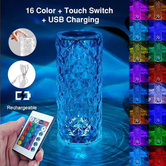 16-Color RGB Crystal Rose Table Lamp – Touch & Remote Control USB Rechargeable LED Night Light for Bedroom Decor & Holiday Gift
