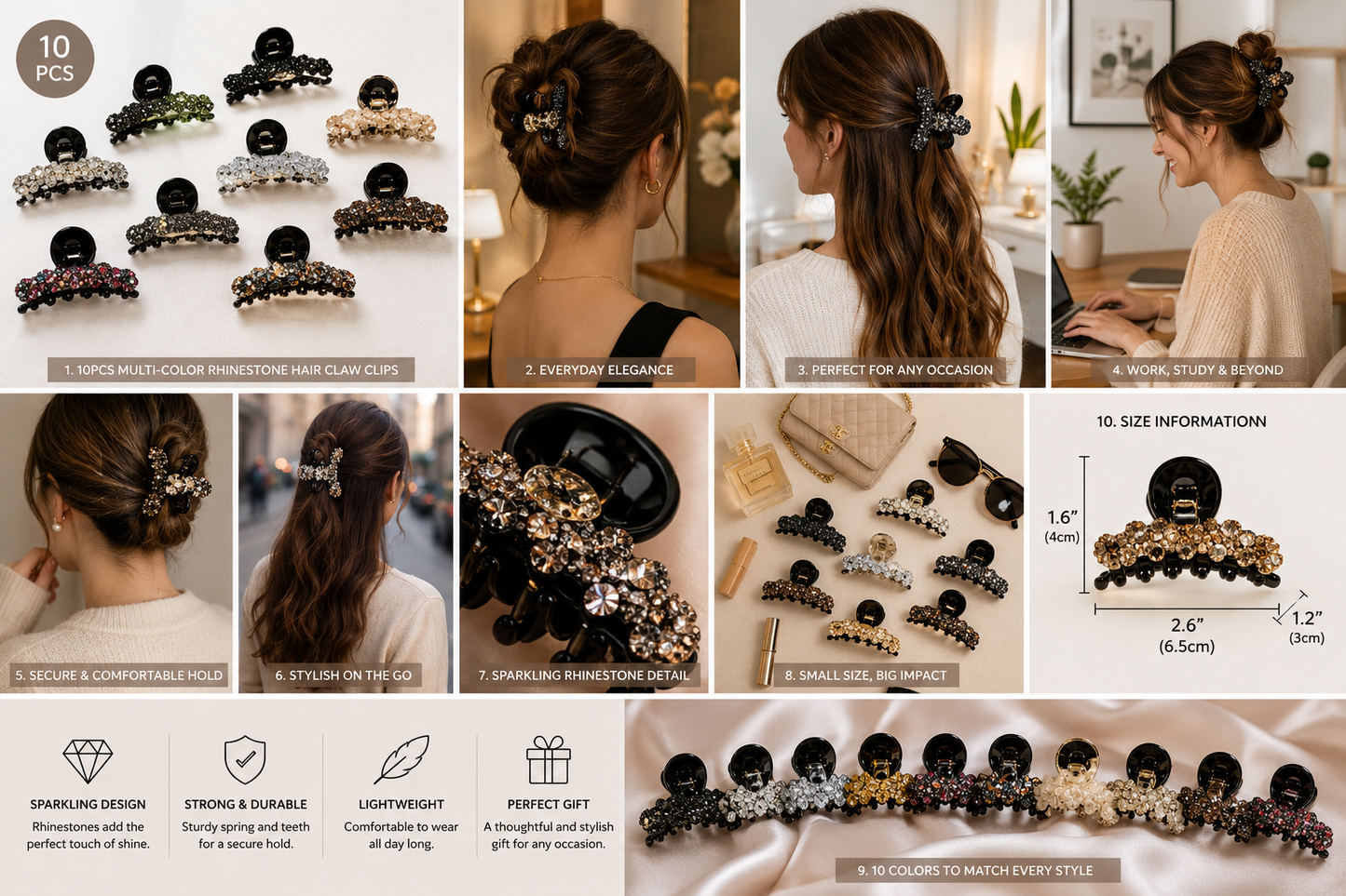 Sparkle Luxe Rhinestone Hair Claw Clip Collection (10-Piece Set)