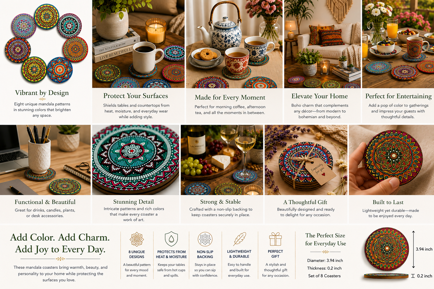 Bohemian Mandala Artisan Coaster Set (8 Pieces)